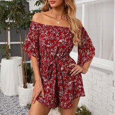 Комбинезон с открытыми плечами, цветочным принтом и поясом Shein