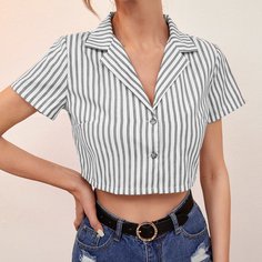 Короткая блузка в полоску с лацканами Shein