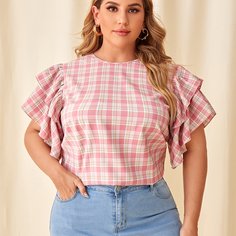Пуговица в клетку милый Блузы размер плюс Shein