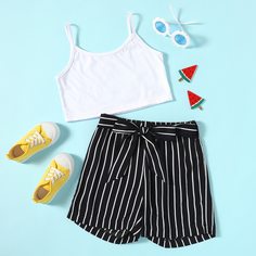 Пояс Полосатый Повседневный Комплекты для девочек Shein