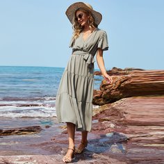 Платье с поясом и v-образным воротником Shein