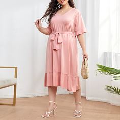 С оборками Одноцветный Повседневный Платья размер плюс Shein