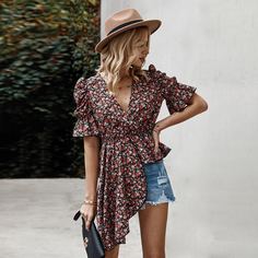 Асимметричный Цветочный Бохо Блузы Shein