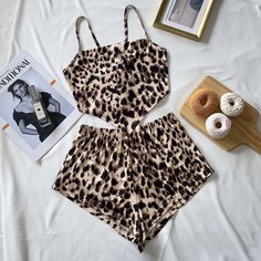 узел сзади Леопардовый принт Сексуальный Комплект пижамы Shein