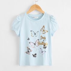 Топ с пышным рукавом и принтом бабочки для девочек Shein
