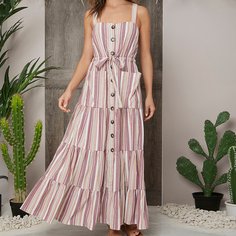 с карманами Полосатый Повседневный Платье Shein