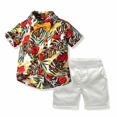 Шорты и рубашка с бантом, тропическим принтом для мальчиков Shein