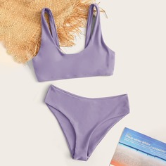 Однотонный купальник бикини с круглым воротником Shein