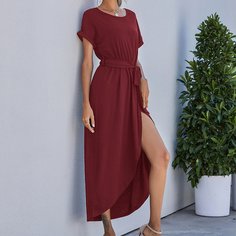 Однотонное платье-футболка с поясом Shein