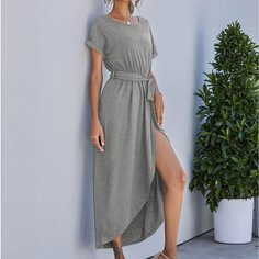 Однотонное платье-футболка с поясом Shein