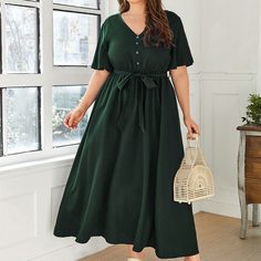 Пуговица Одноцветный Повседневный Платья размер плюс Shein