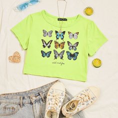 Короткая футболка с текстовым принтом и бабочкой Shein
