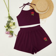 Шорты и топ-халтер с цветочной вышивкой Shein