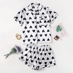 Атласная пижама размера плюс с принтом сердечка Shein