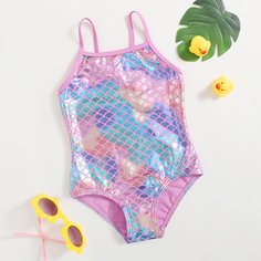Слитный купальник с принтом рыбьей чешуи для девочек Shein