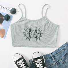 Короткий топ с короткими рукавами и принтом солнца и портрета Shein