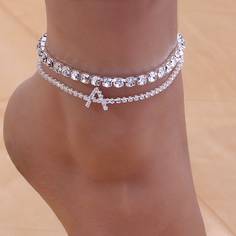 2шт ножной браслет с буквой и стразами Shein