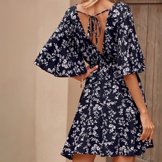Открытая спина Цветочный принт Бохо Платье Shein
