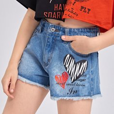 Карман Лозунг Джинсовые шорты для девочек Shein