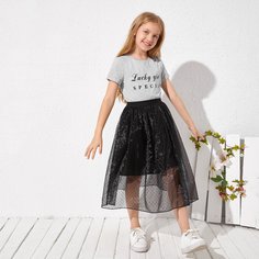 Топ с текстовым принтом и юбка из органзы для девочек Shein