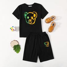 Футболка и шорты с мультипликционным рисунком для мальчиков Shein