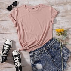 Однотонная футболка с круглым воротником Shein