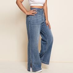 Рваные джинсы размера плюс с разрезом без пояса Shein