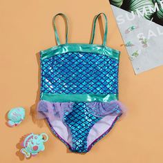 Металлический слитный купальник с рисунком рыбьей чешуи для девочек Shein