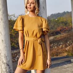 с оборками Одноцветный Бохо Платье Shein