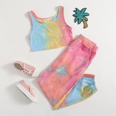 Короткая майка и джоггеры с принтом тай дай для девочек Shein