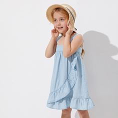 Джинсовое платье на бретелях с оборками для девочек Shein