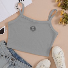 Укороченный топ в рубчик с графическим принтом на подтяжках Shein
