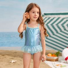 Слитный купальник с узором рыбьей чешуи для девочек Shein