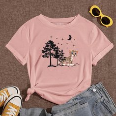 С карикатурой Повседневный Футболки Shein