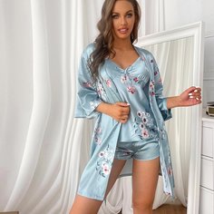 с поясом Цветочный принт Элегантный Комплект пижамы Shein