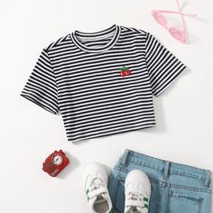 Аппликация Полосатый Повседневный Футболки для девочек Shein