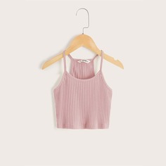 Однотонный вязаный ребристый топ на бретелях для девочек Shein