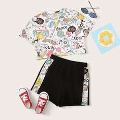 Шорты и короткий топ с мультяшным принтом для девочек Shein