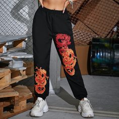 Спортивные брюки с принтом дракона Shein