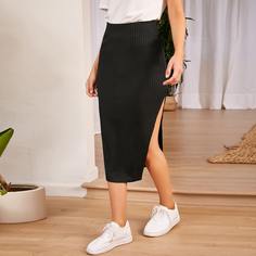 Однотонная трикотажная юбка с разрезом Shein