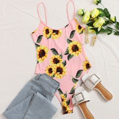 Боди на бретелях с принтом "подсолнух Shein