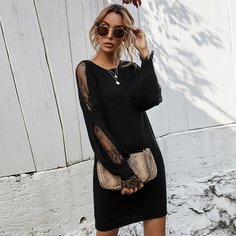 Контрастные кружева Одноцветный Повседневный Платья-свитеры Shein