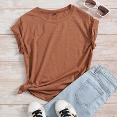 Одноцветный Повседневный Футболки Shein