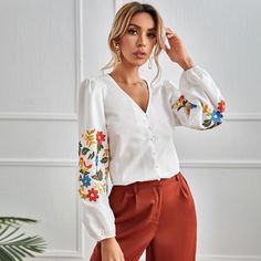 с вышивкой Цветочный Повседневный Блузы Shein