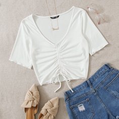 Волнистый край Одноцветный Повседневный Футболки Shein