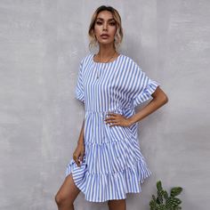с оборками Полосатый милый Платье Shein