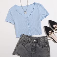 Волнистый край Одноцветный Повседневный Футболки Shein