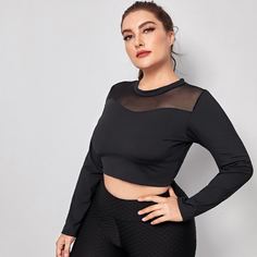 Контрастная сетка Одноцветный Спортивные топы размера плюс Shein