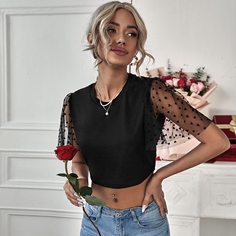 Контрастная сетка Одноцветный Повседневный Футболки Shein