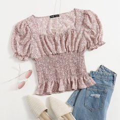 Оборка цветочный Бохо Блузы Shein